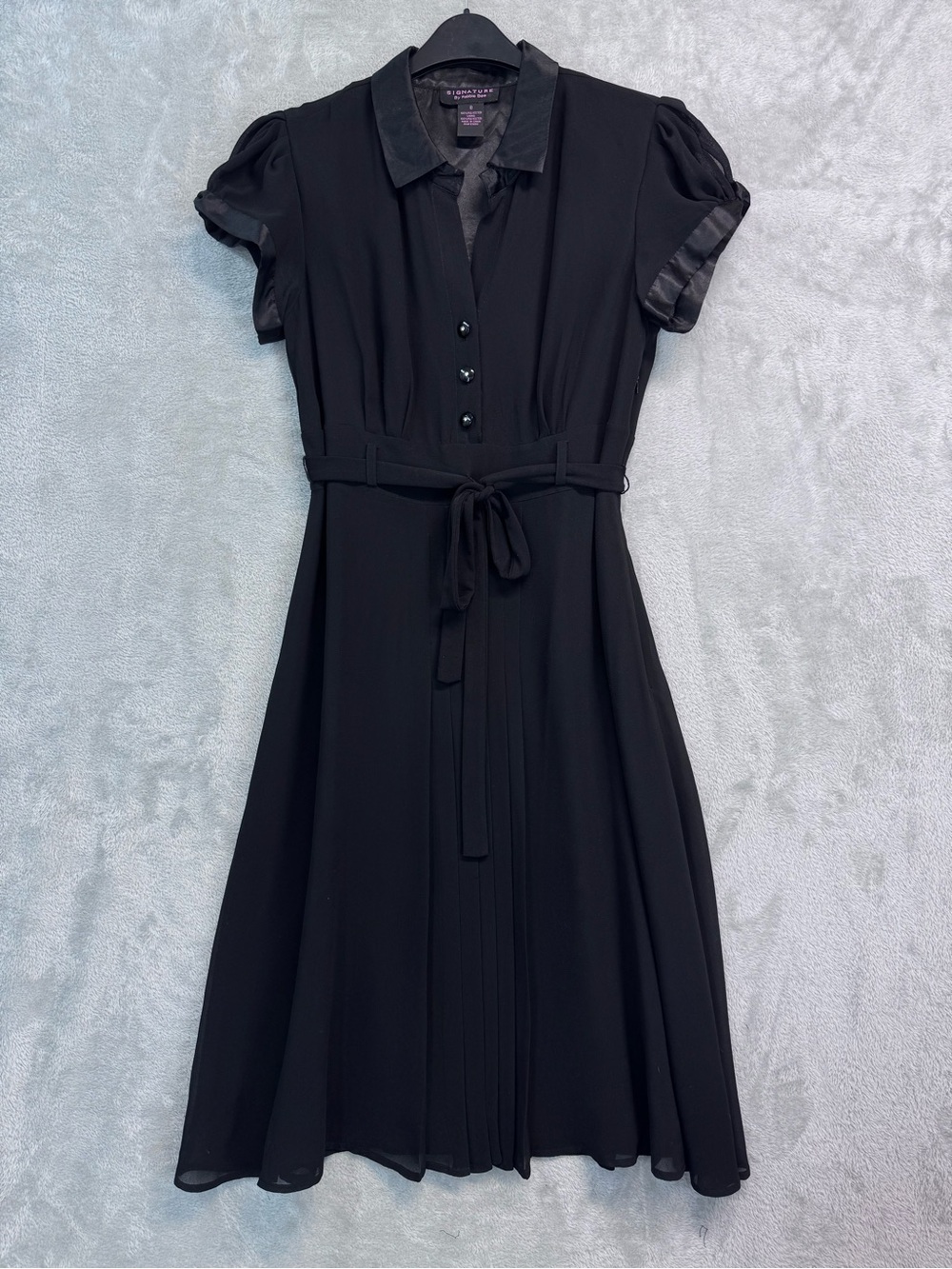 Vintage Signature Robbie Bee Size 8 Midi Black Shirt Dress Satin Chiffon Retro